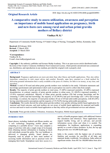 A comparative study to assess utilization, awareness and perception  on importance of mobile based application on pregnancy, birth  and new-born care among rural and urban primi gravida  mothers of Bellary district